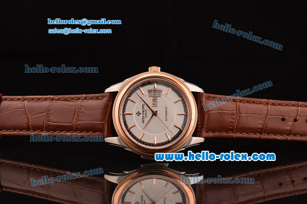 Patek Philippe Calatrava Swiss ETA 2824 Automatic Steel Case Rose Gold Bezel with Brown Leather Strap White Dial Stick Markers - Click Image to Close